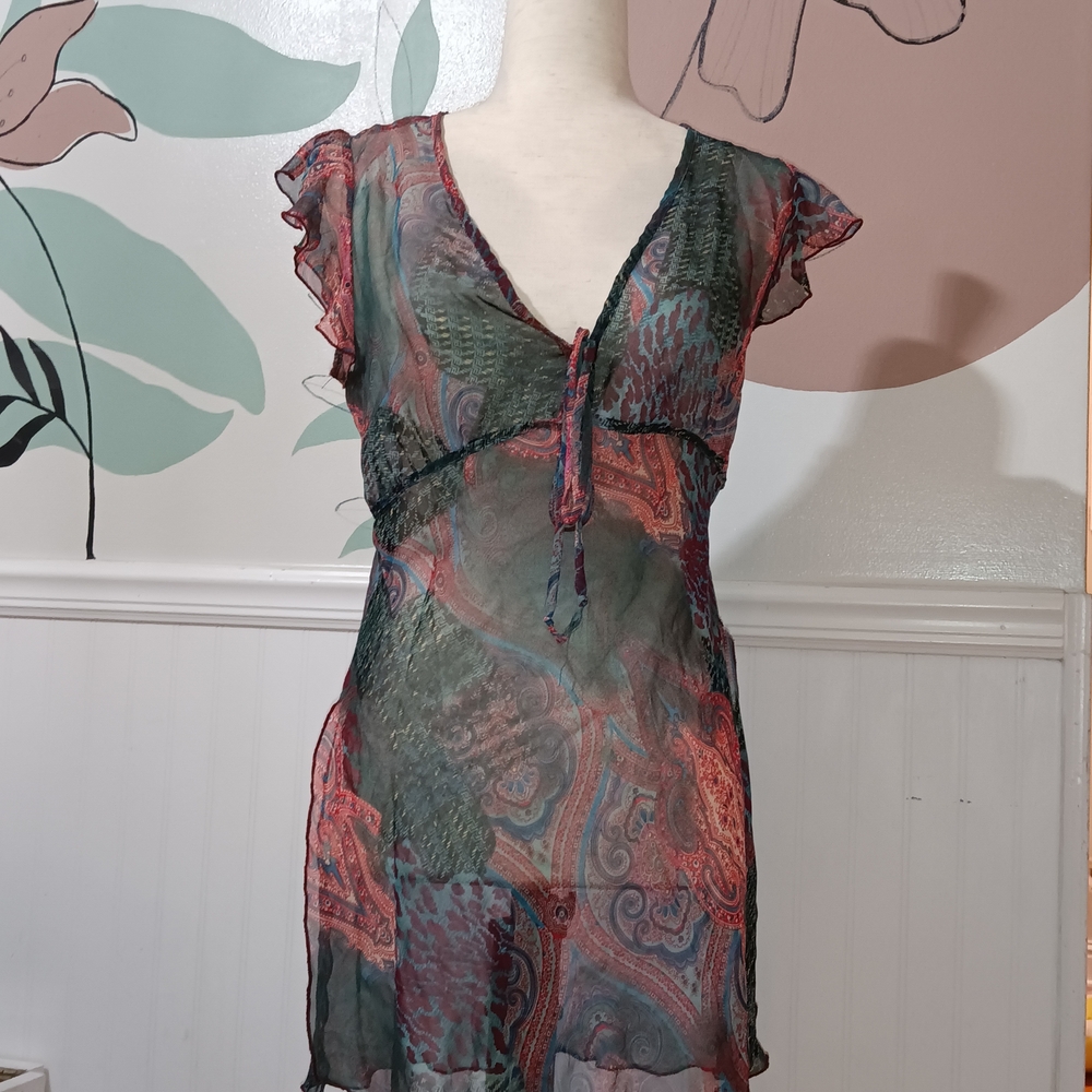 Vintage Prada Sheer Paisley Flutter-Sleeve Mini Dress/Top - Picture 2 of 6
